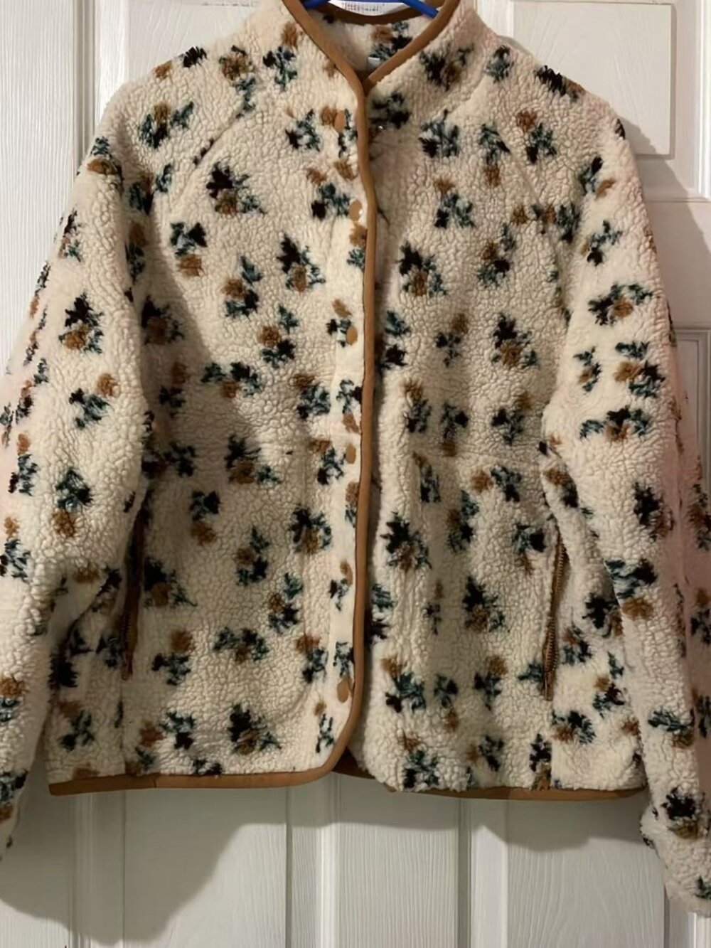Women's Floral Print Fluffy Fleece Jacket Snap Button Winter Teddy Fleece Jacket